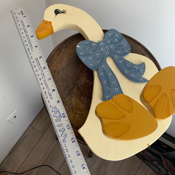 Vintage 1980s Wooden Hand Painted Sitting Apx. 14" White Duck Goose w/ Blue Bow - Picture 2 of 5